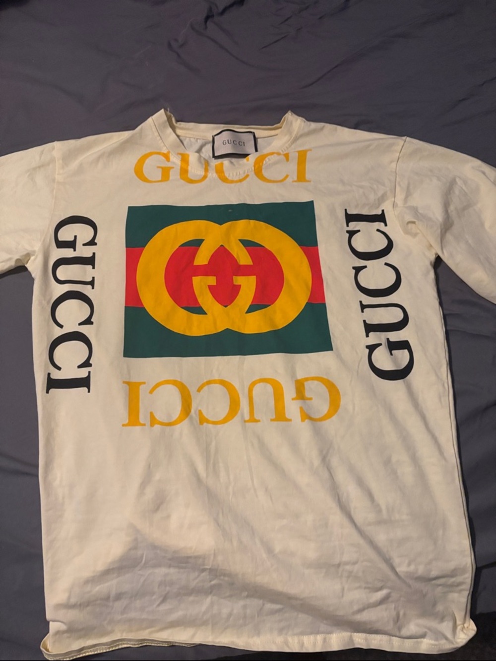 Gucci White Short-Sleeve T-Shirt with Yellow, Green & Red Logo